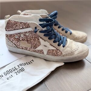 Golden Goose Mid Star High-Top Sneakers  Glitter Pink Champagne Rose Gold 40